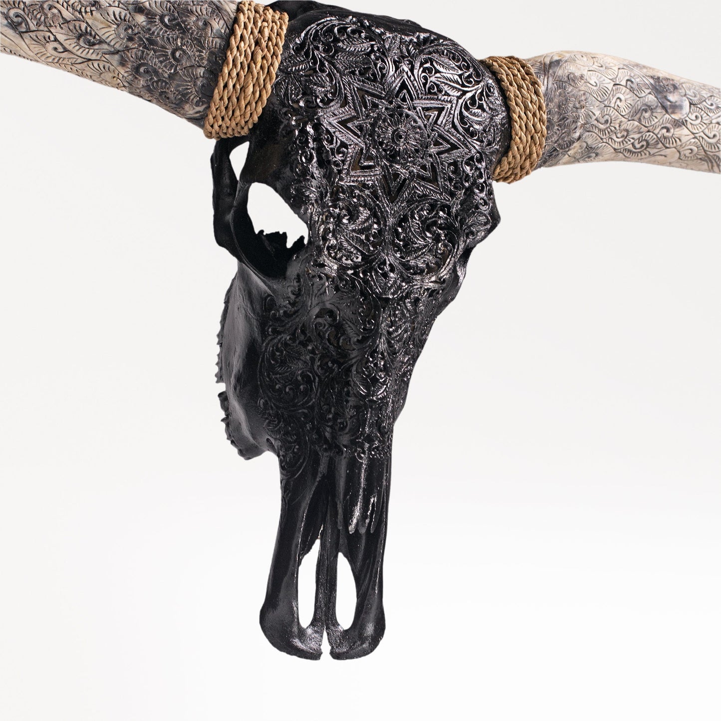 Hand Carved Longhorn Skull - Black Mandala