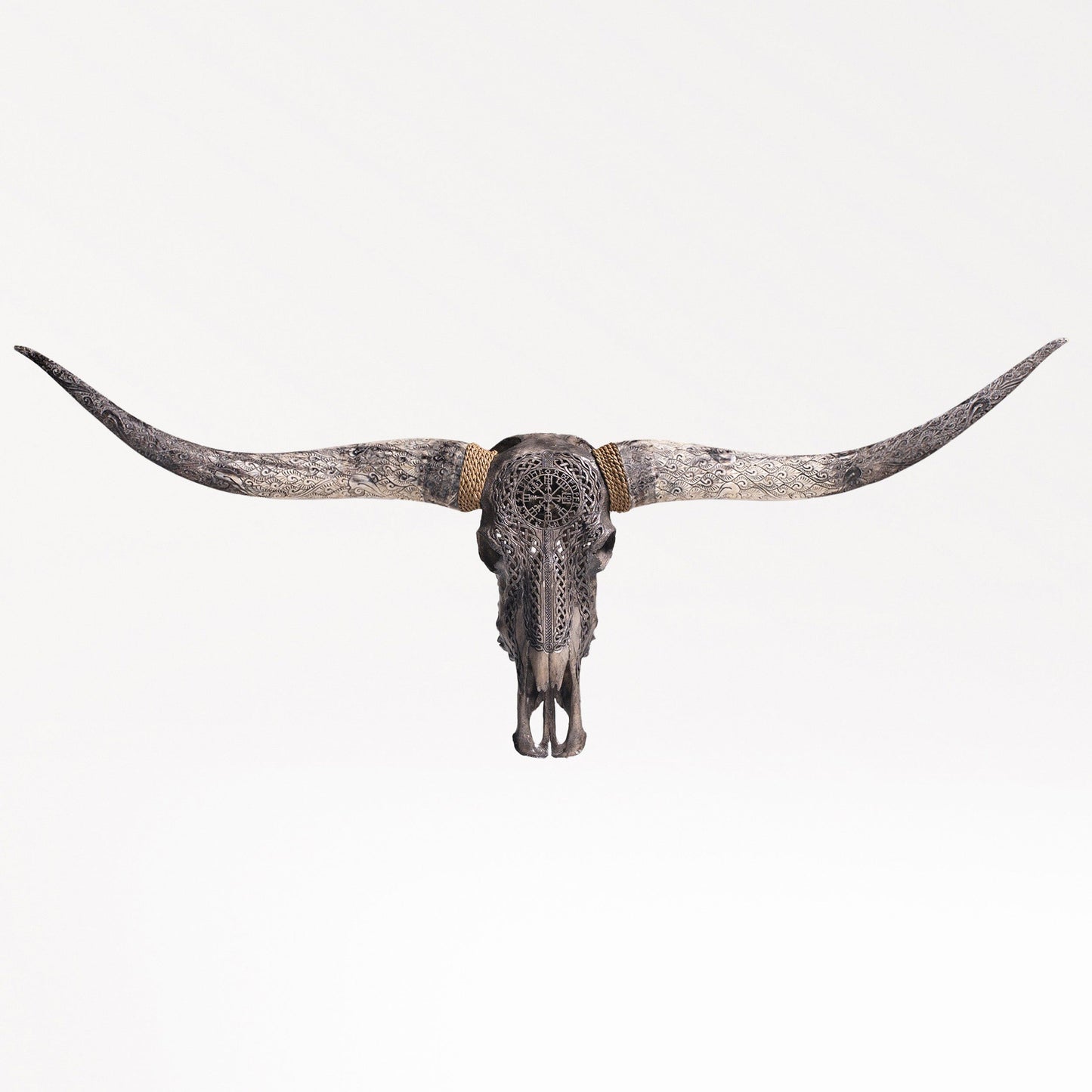 Hand Carved Longhorn Skull - Gray Vegvísir