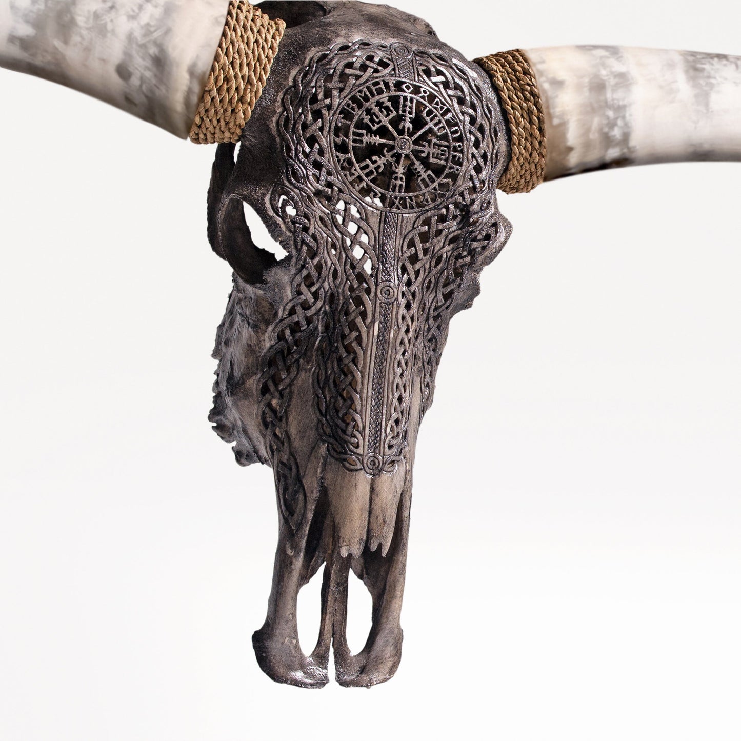 Hand Carved Longhorn Skull - Gray Vegvísir