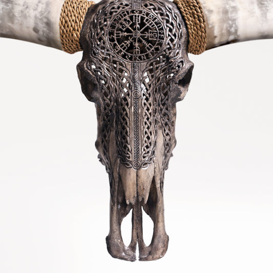 Hand Carved Longhorn Skull - Gray Vegvísir