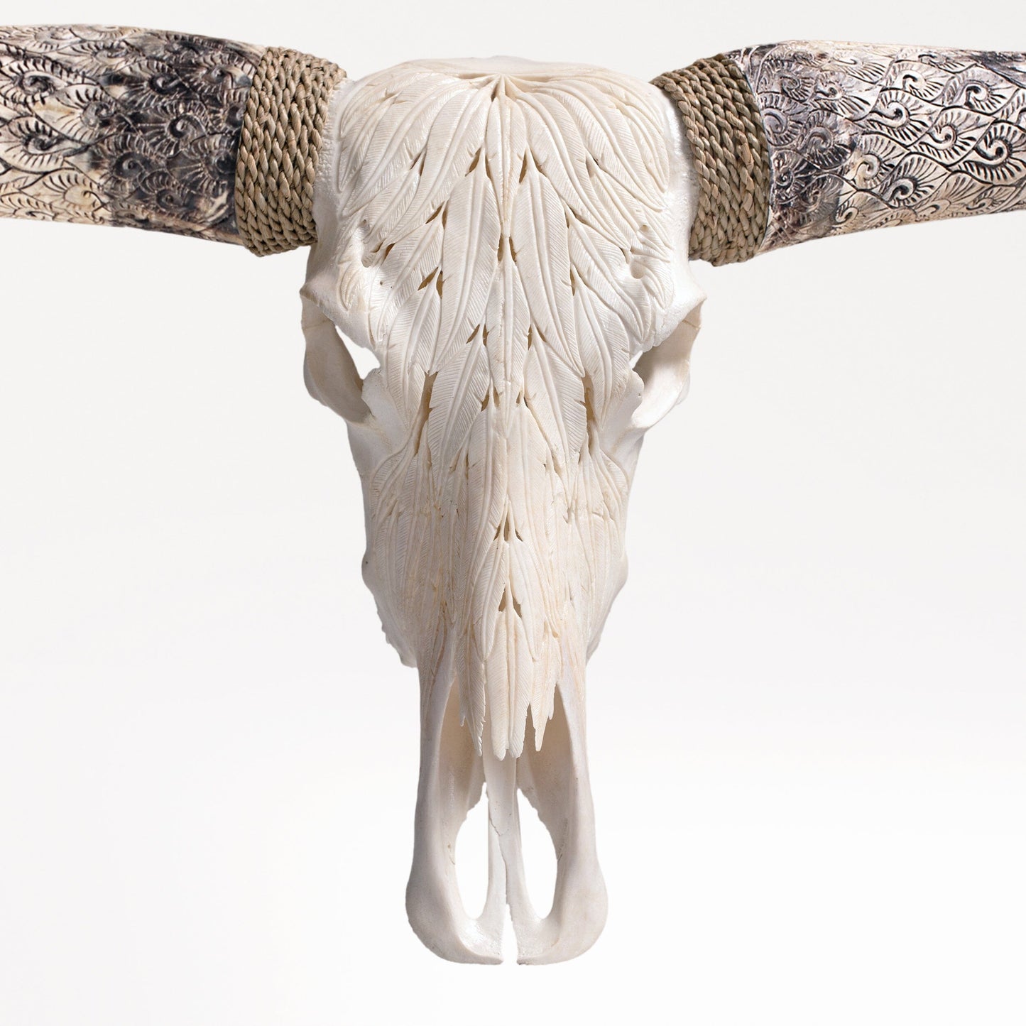 Hand Carved Longhorn Skull - White Feathers