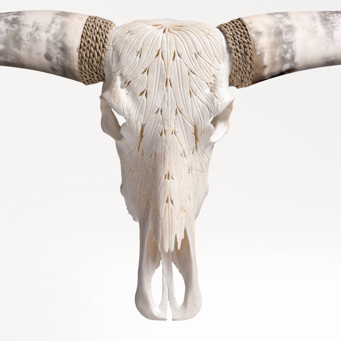 Hand Carved Longhorn Skull - White Feathers