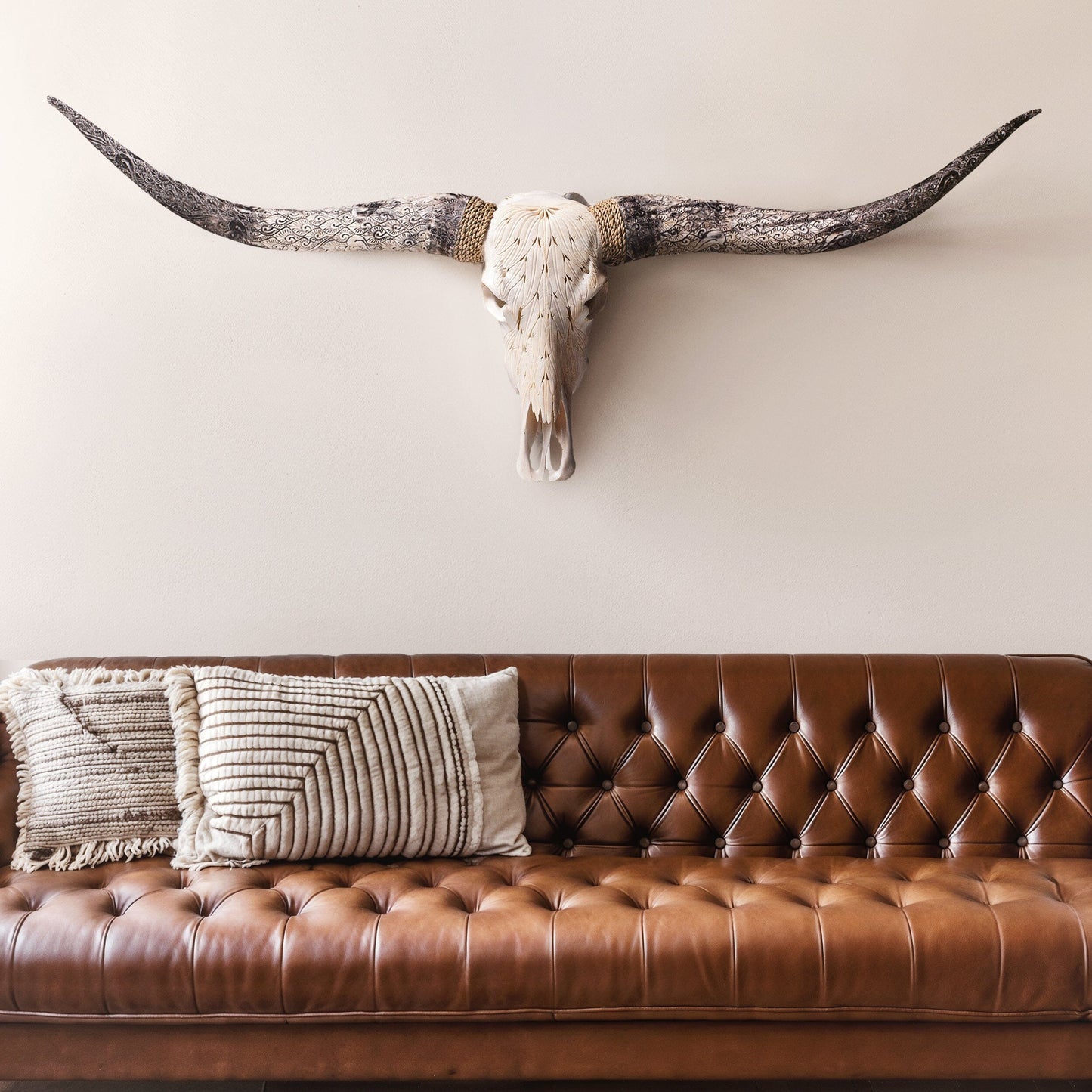 Hand Carved Longhorn Skull - White Feathers