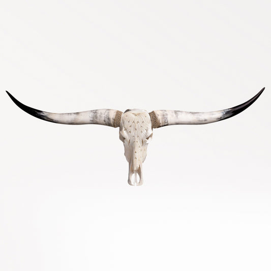 Hand Carved Longhorn Skull - White Feathers