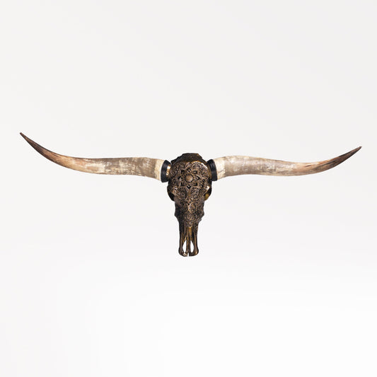 Hand Carved Longhorn Skull - Antique Bronze Mandala // Metallic Finish