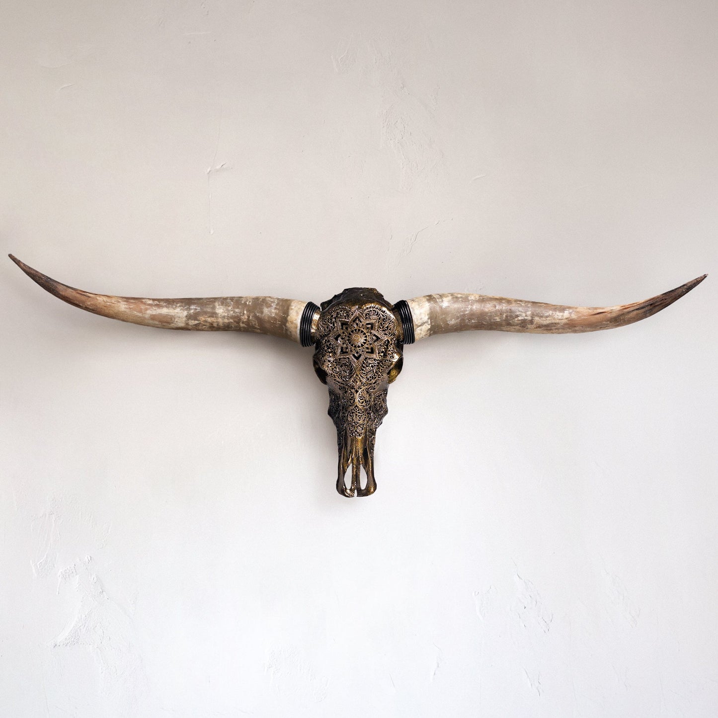 Hand Carved Longhorn Skull - Antique Bronze Mandala // Metallic Finish
