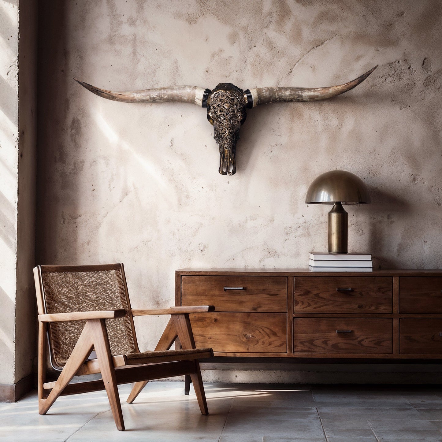 Hand Carved Longhorn Skull - Antique Bronze Mandala // Metallic Finish