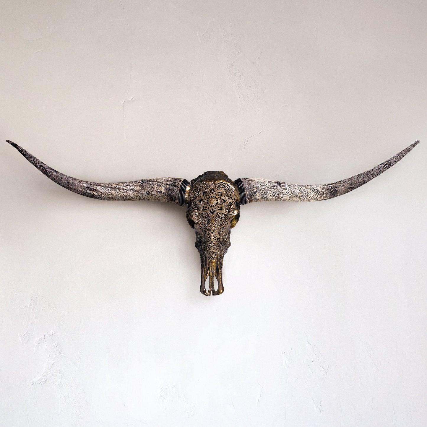 Hand Carved Longhorn Skull - Antique Bronze Mandala // Metallic Finish