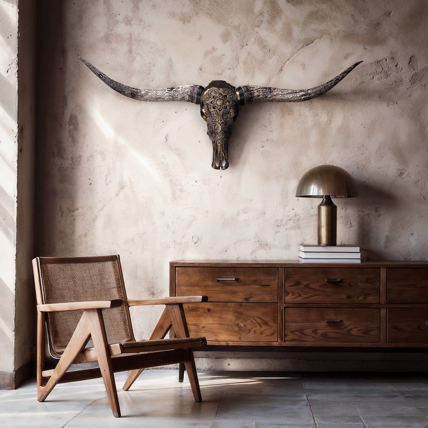 Hand Carved Longhorn Skull - Antique Bronze Mandala // Metallic Finish