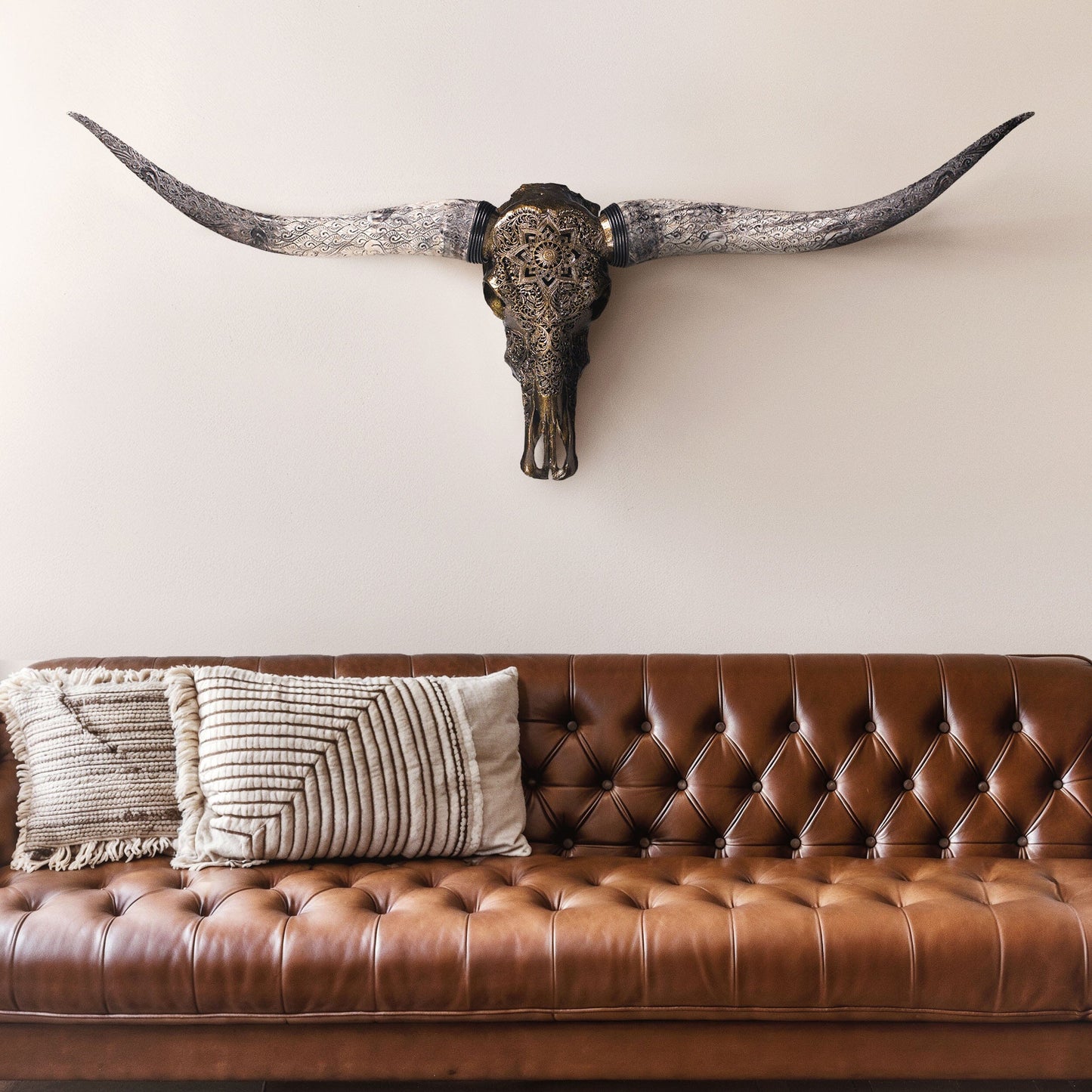 Hand Carved Longhorn Skull - Antique Bronze Mandala // Metallic Finish