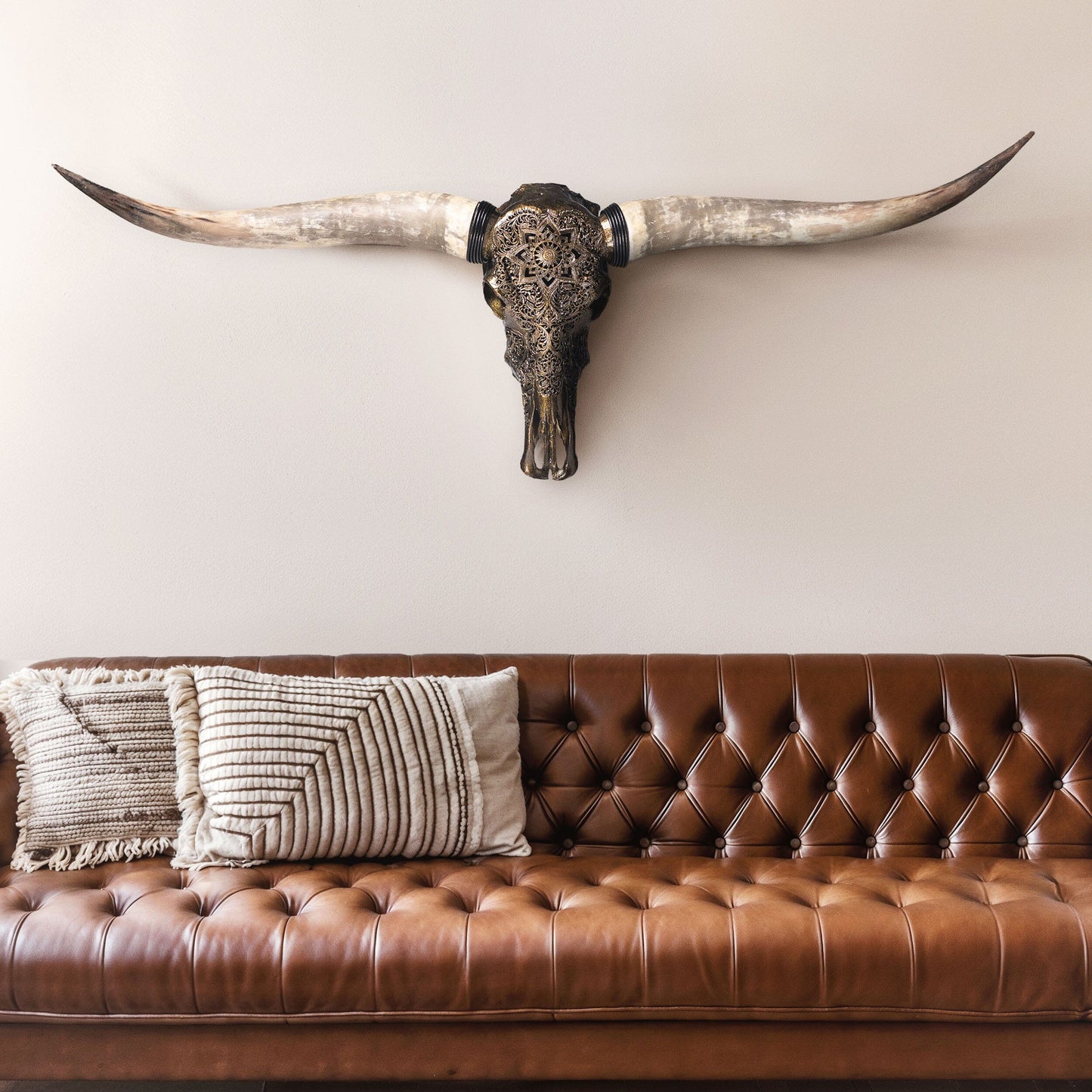 Hand Carved Longhorn Skull - Antique Bronze Mandala // Metallic Finish