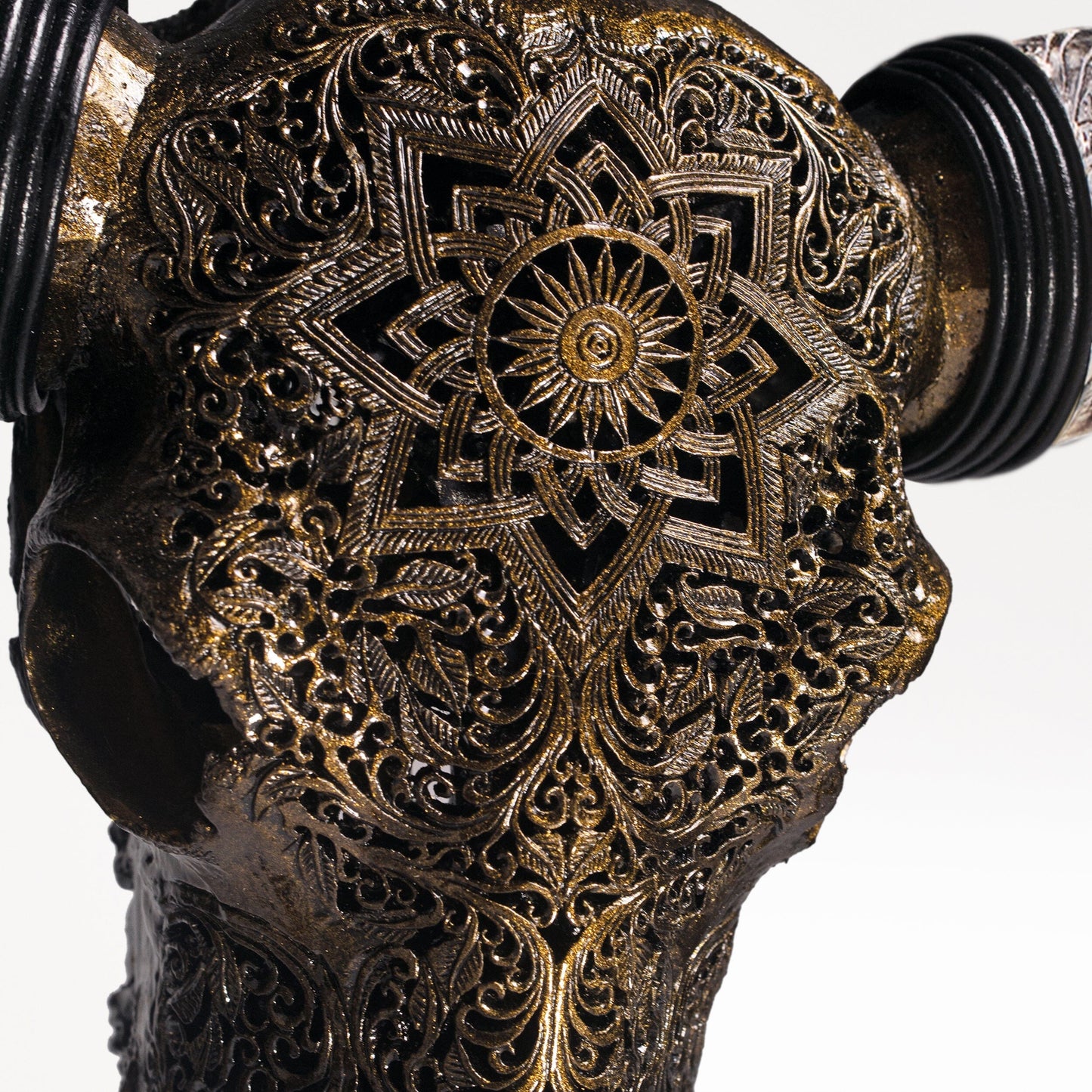 Hand Carved Longhorn Skull - Antique Bronze Mandala // Metallic Finish