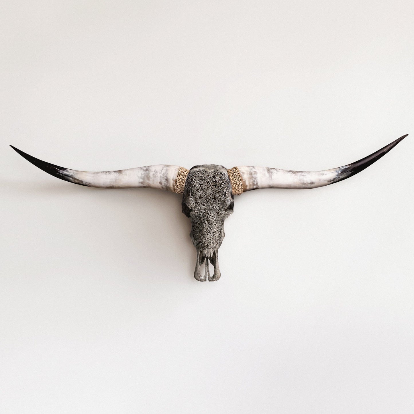 Hand Carved Longhorn Skull - Gray Mandala