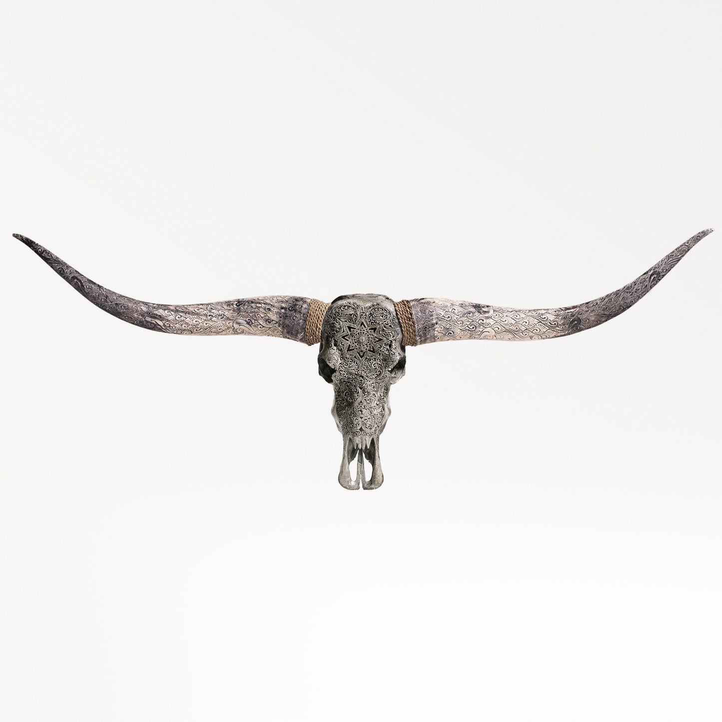 Hand Carved Longhorn Skull - Gray Mandala