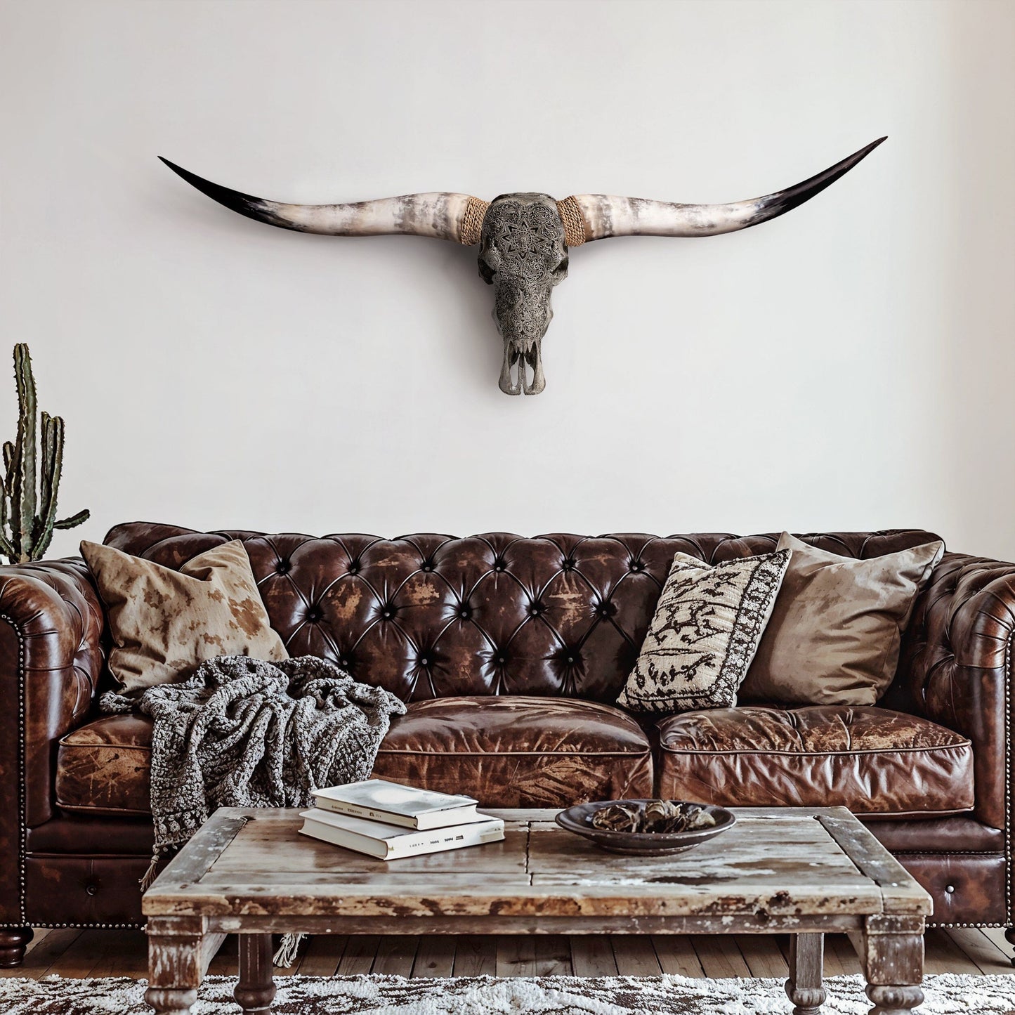 Hand Carved Longhorn Skull - Gray Mandala
