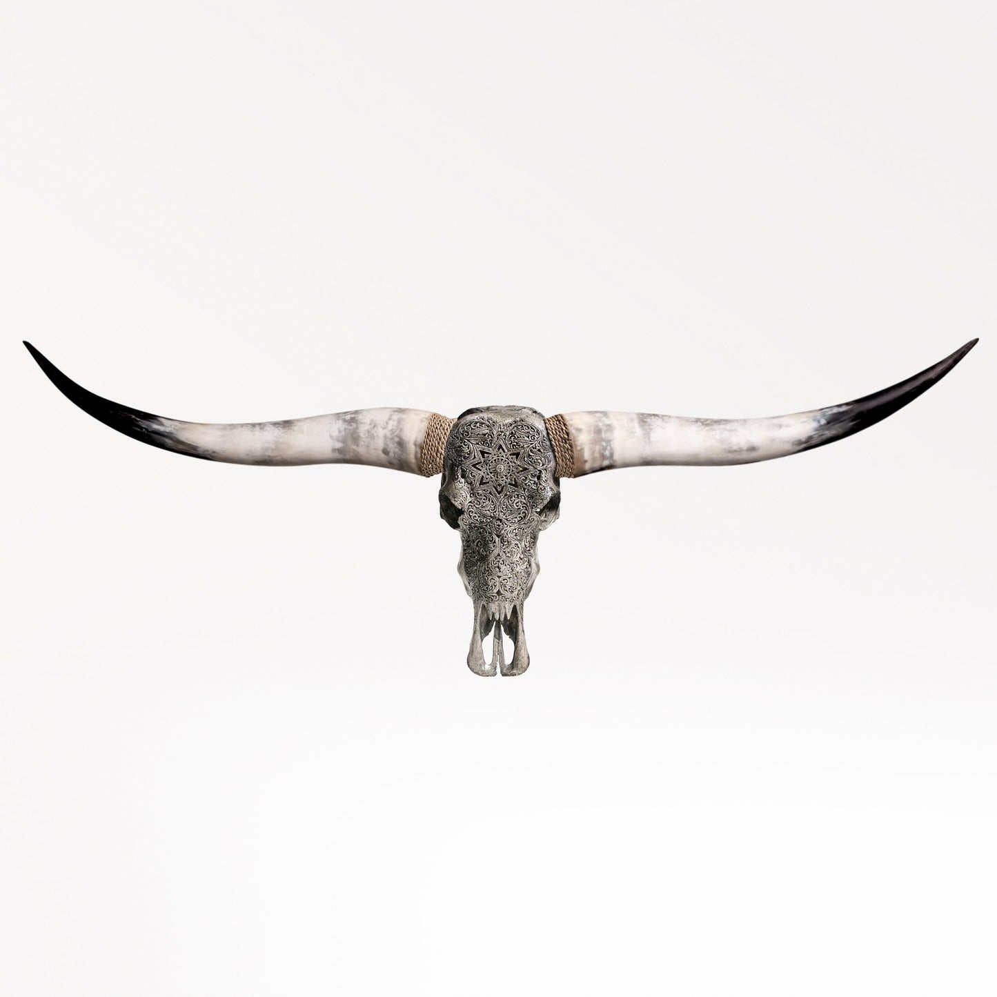 Hand Carved Longhorn Skull - Gray Mandala