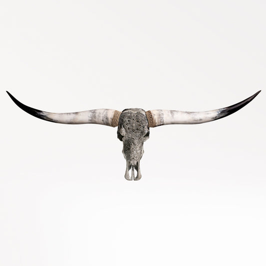 Hand Carved Longhorn Skull - Gray Mandala