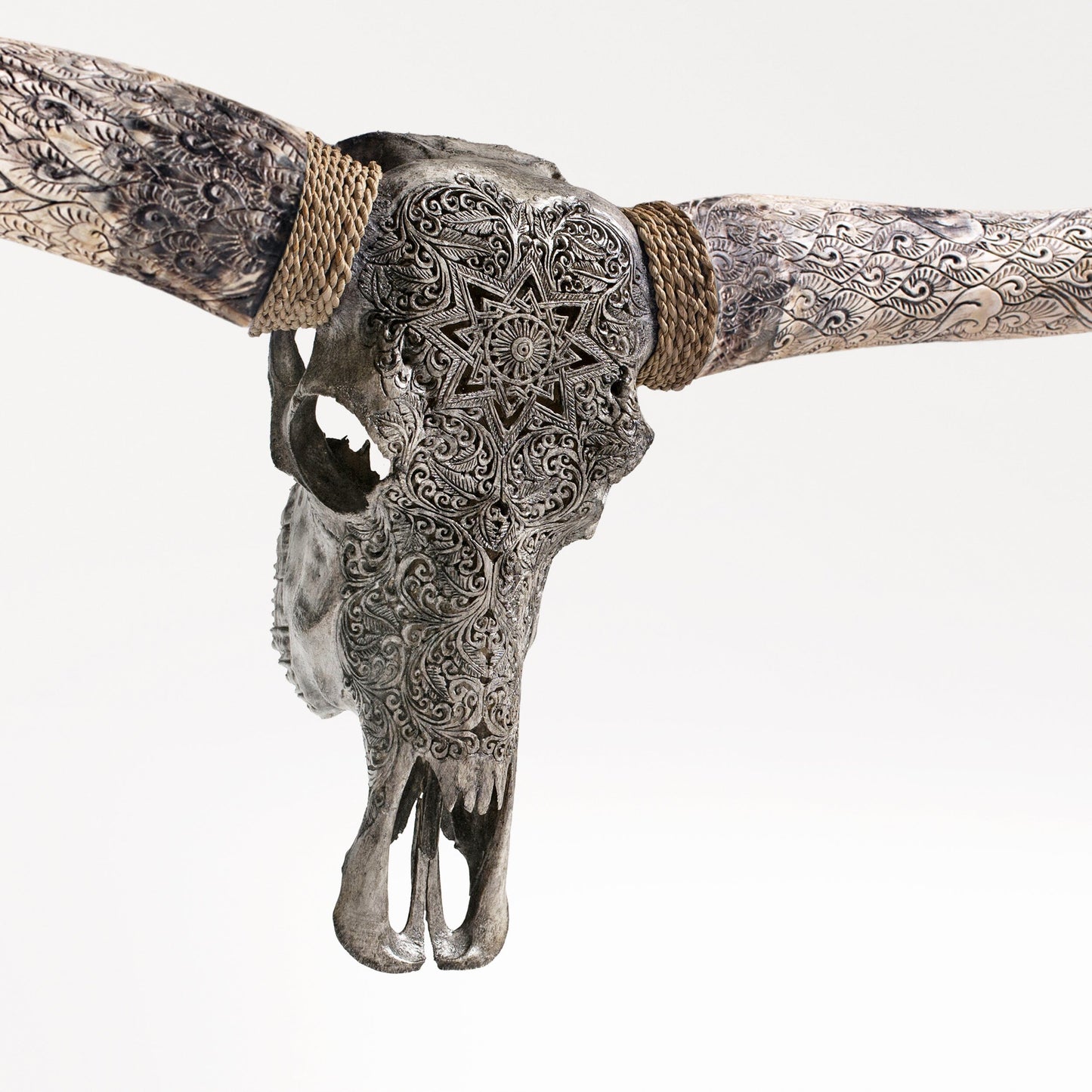 Hand Carved Longhorn Skull - Gray Mandala