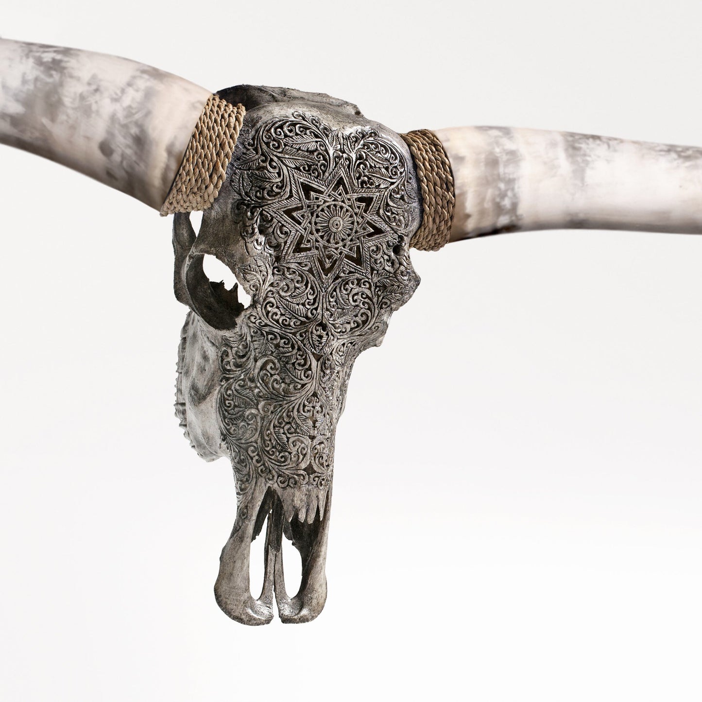 Hand Carved Longhorn Skull - Gray Mandala