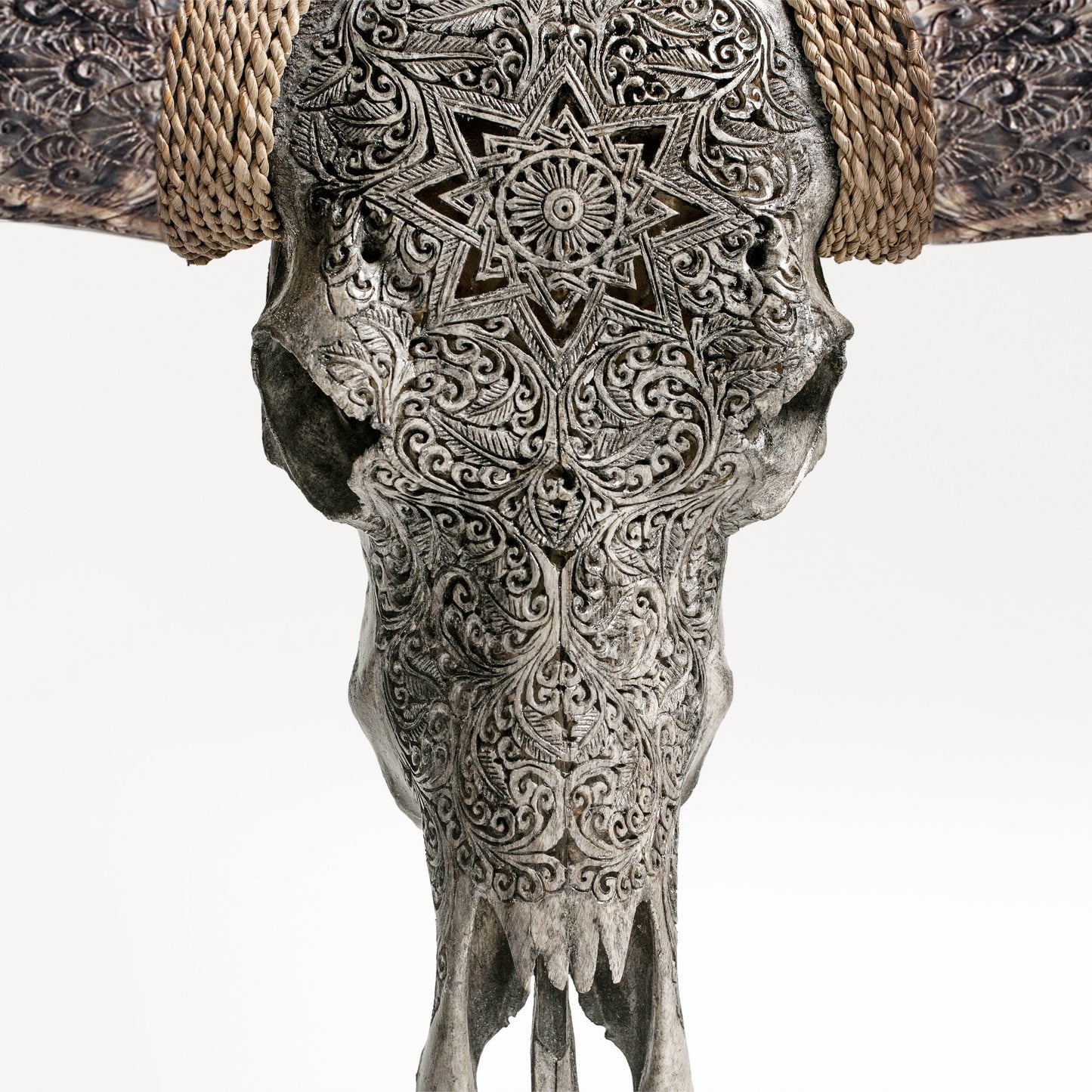 Hand Carved Longhorn Skull - Gray Mandala