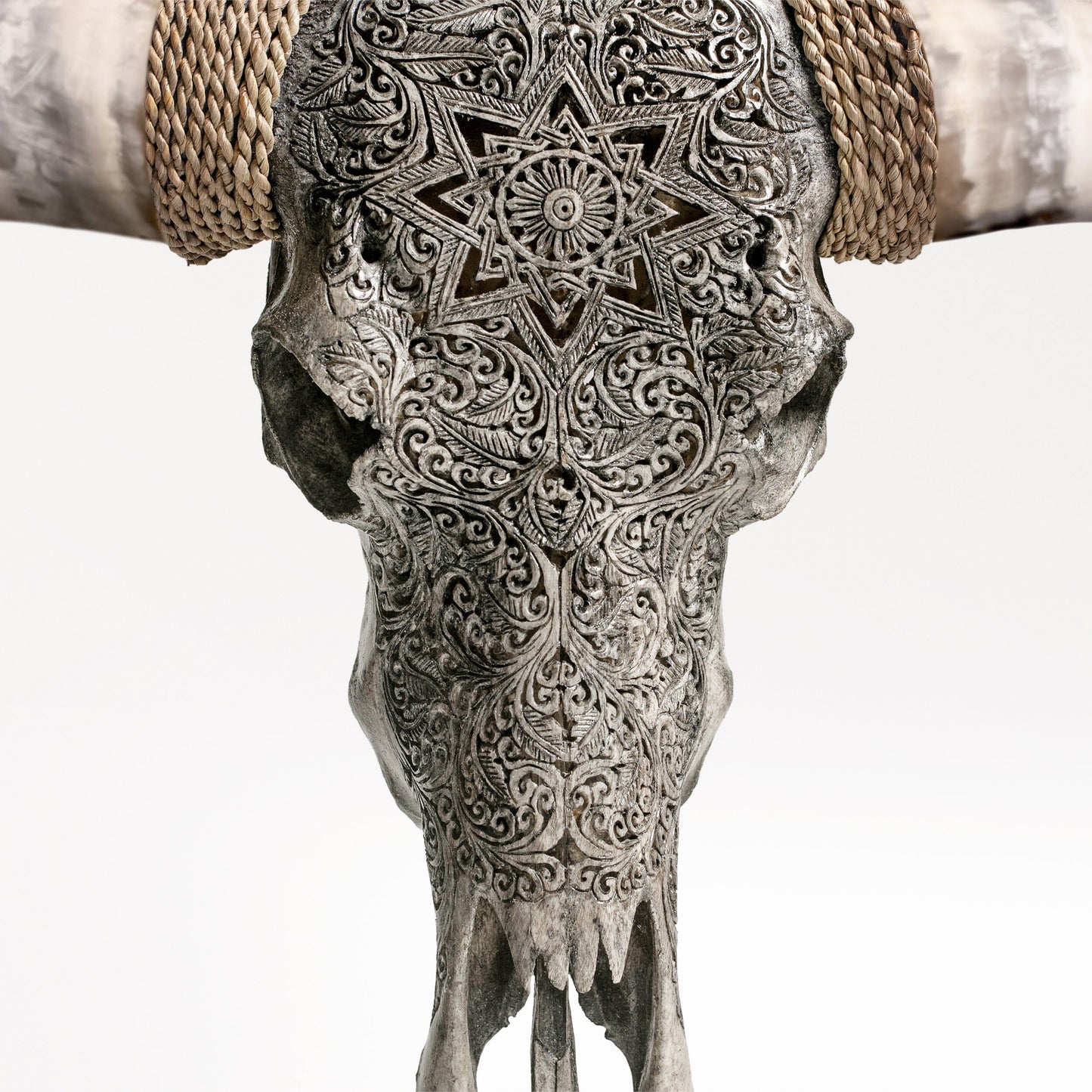 Hand Carved Longhorn Skull - Gray Mandala
