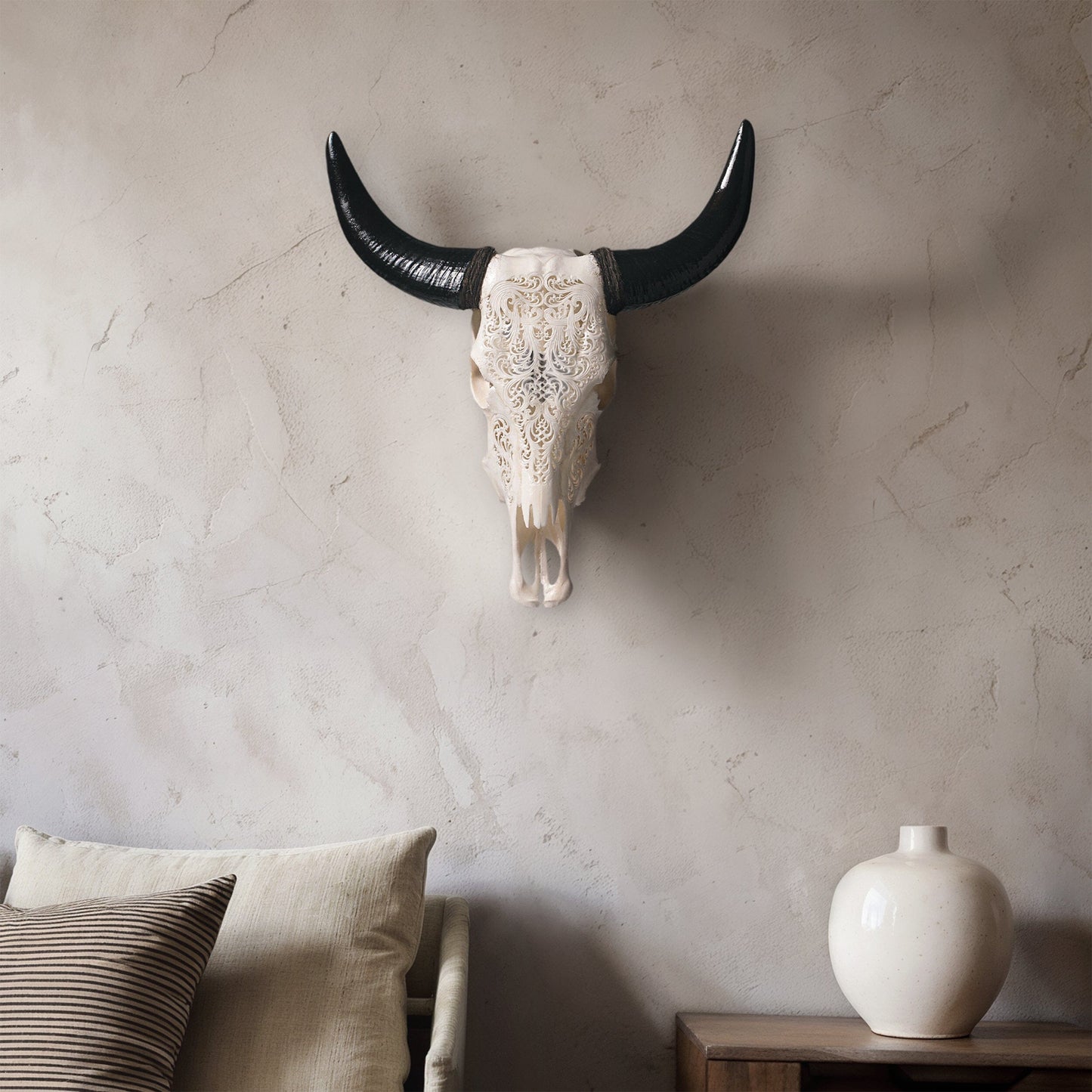 Hand Carved Cow Skull - White Titan