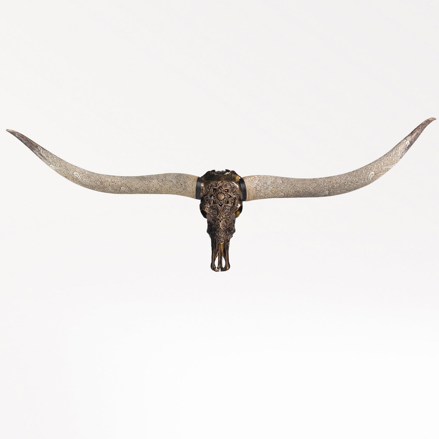 Hand Carved Longhorn Skull // XL Horns - Antique Bronze Mandala // Metallic Finish
