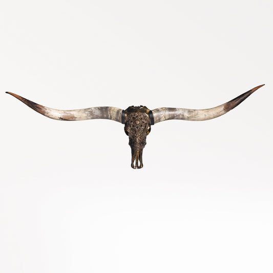 Hand Carved Longhorn Skull // XL Horns - Antique Bronze Mandala // Metallic Finish