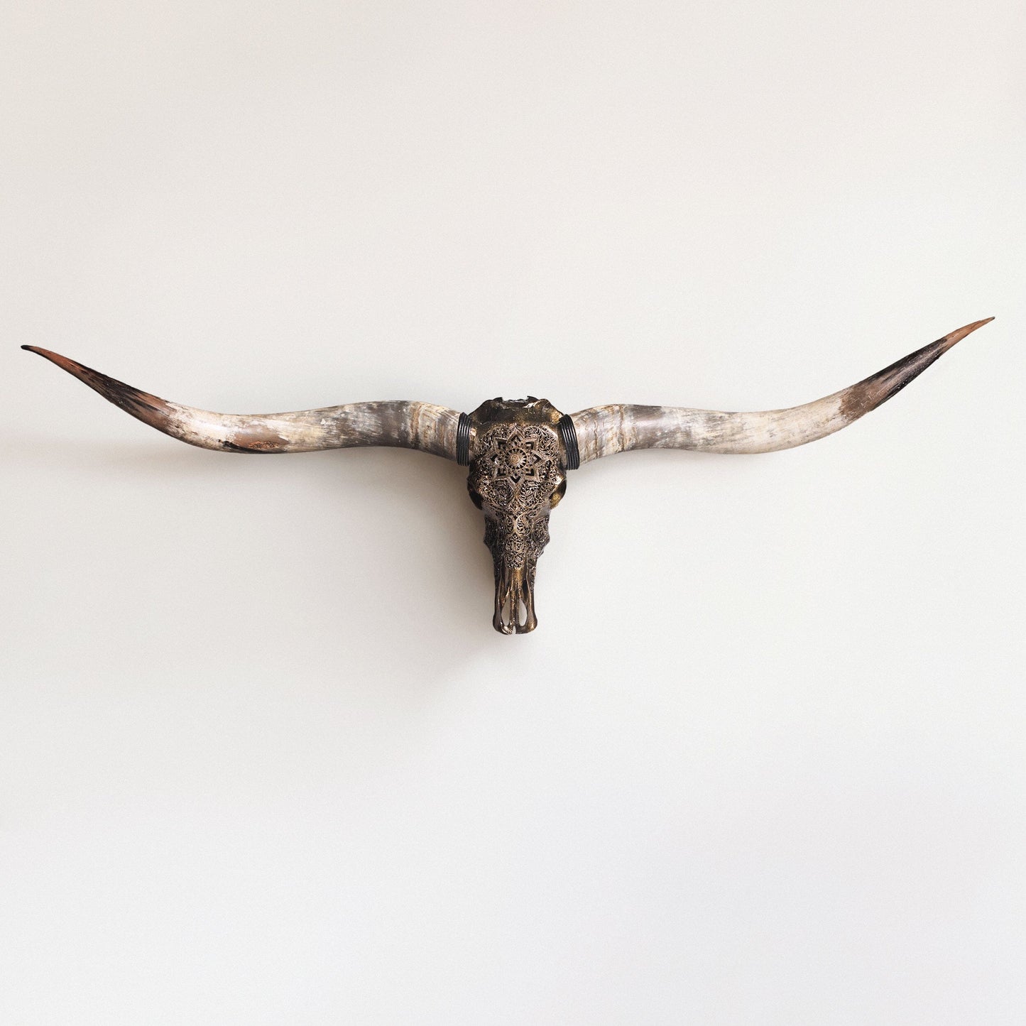 Hand Carved Longhorn Skull // XL Horns - Antique Bronze Mandala // Metallic Finish