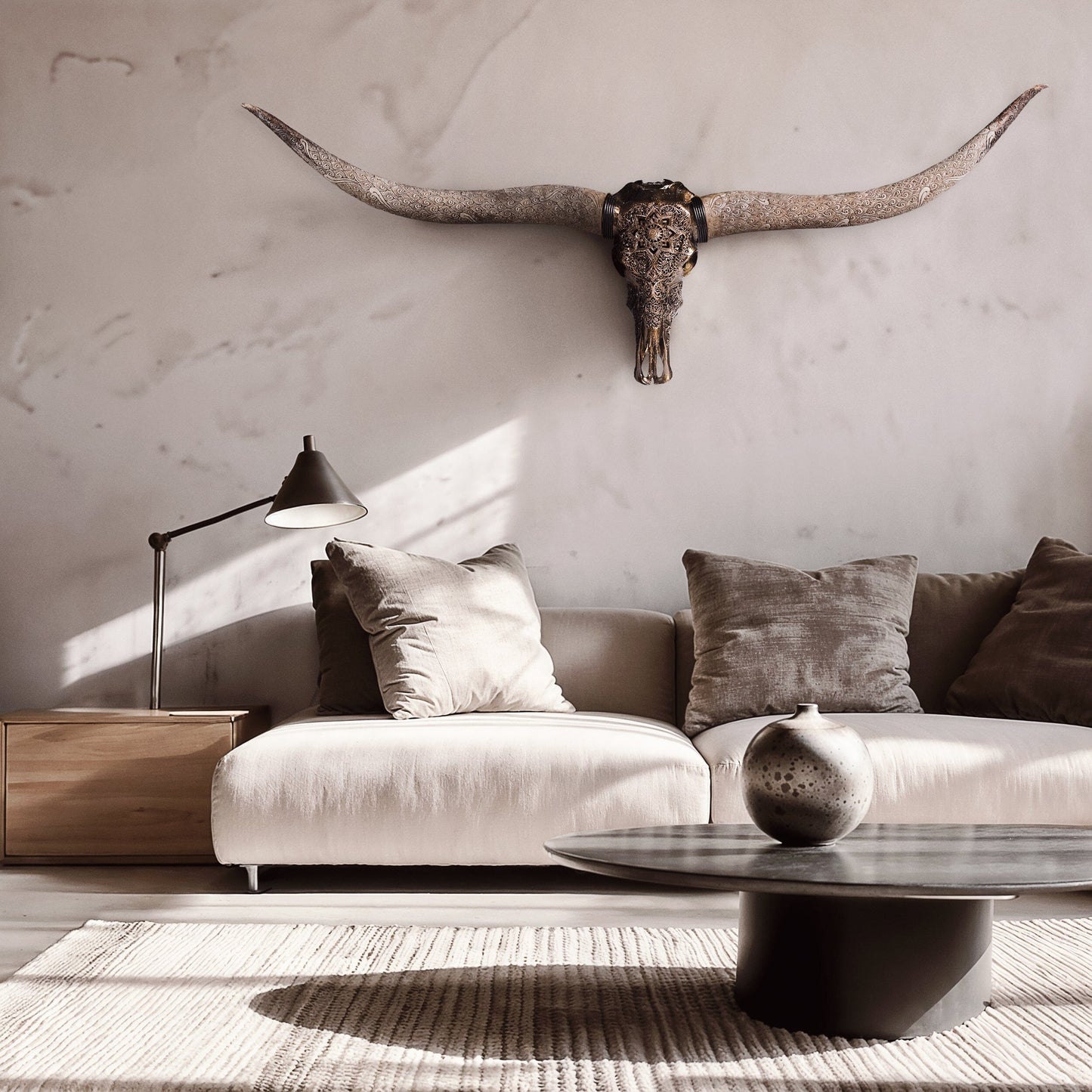 Hand Carved Longhorn Skull // XL Horns - Antique Bronze Mandala // Metallic Finish