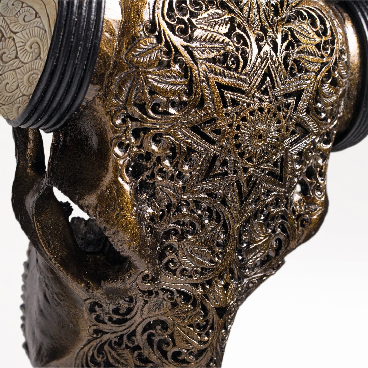 Hand Carved Longhorn Skull // XL Horns - Antique Bronze Mandala // Metallic Finish