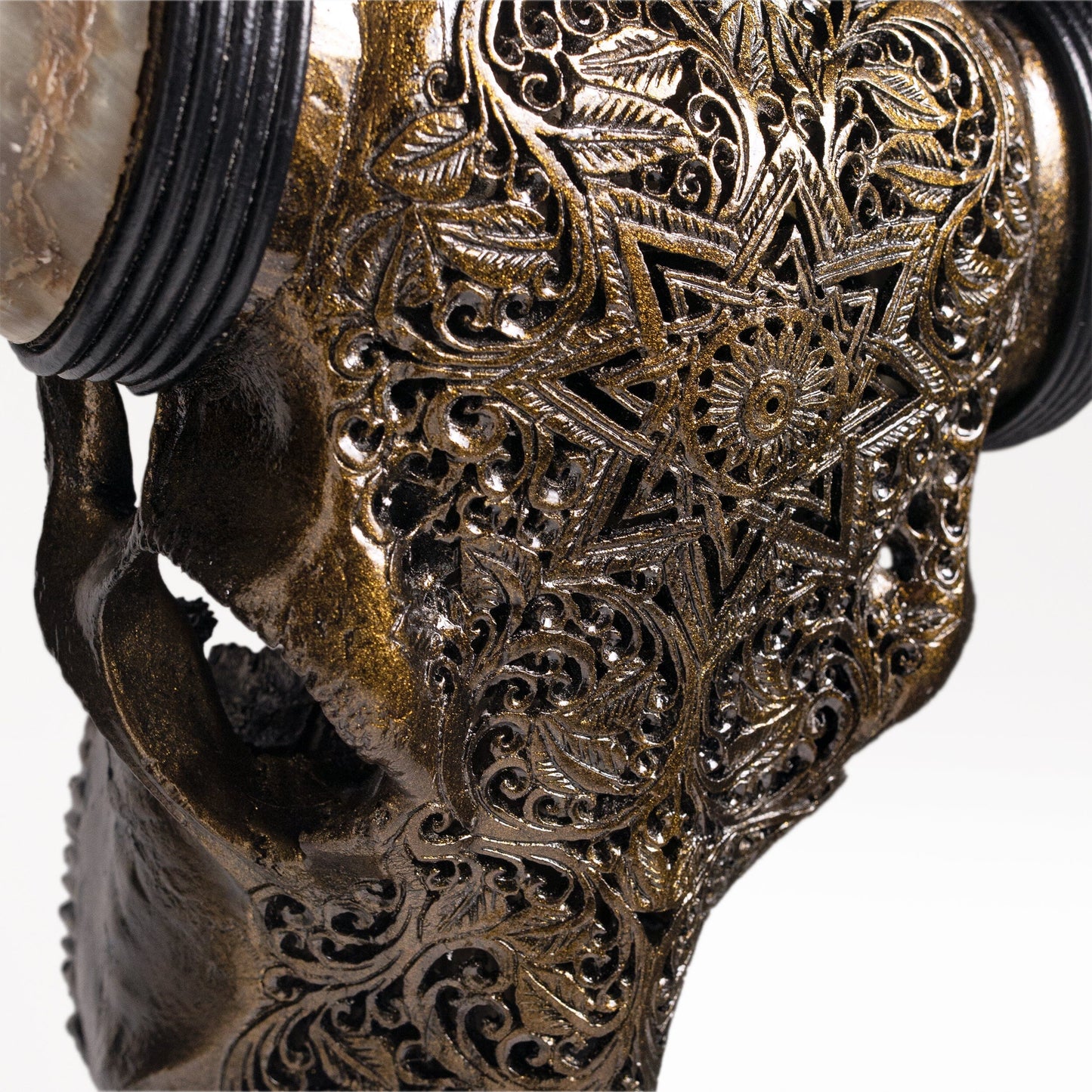 Hand Carved Longhorn Skull // XL Horns - Antique Bronze Mandala // Metallic Finish
