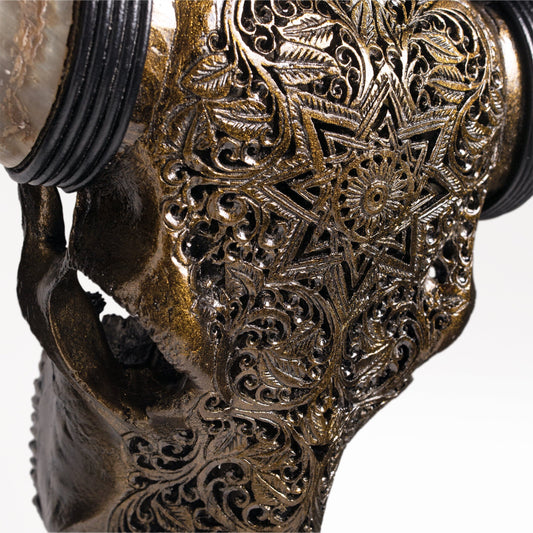 Hand Carved Longhorn Skull // XL Horns - Antique Bronze Mandala // Metallic Finish