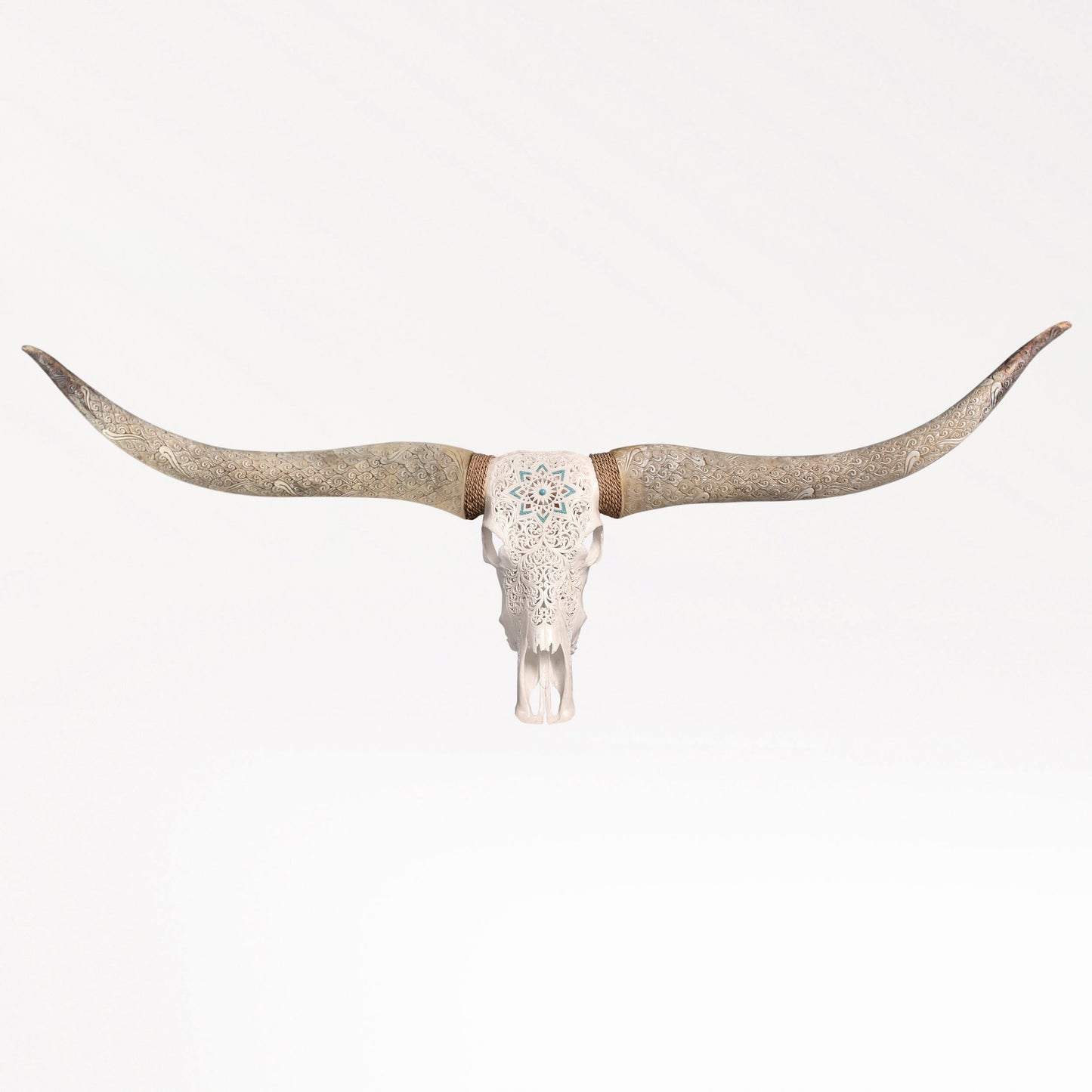 Hand Carved Longhorn Skull // XL Horns - White Glowing Mandala