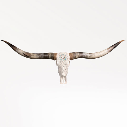 Hand Carved Longhorn Skull // XL Horns - White Glowing Mandala