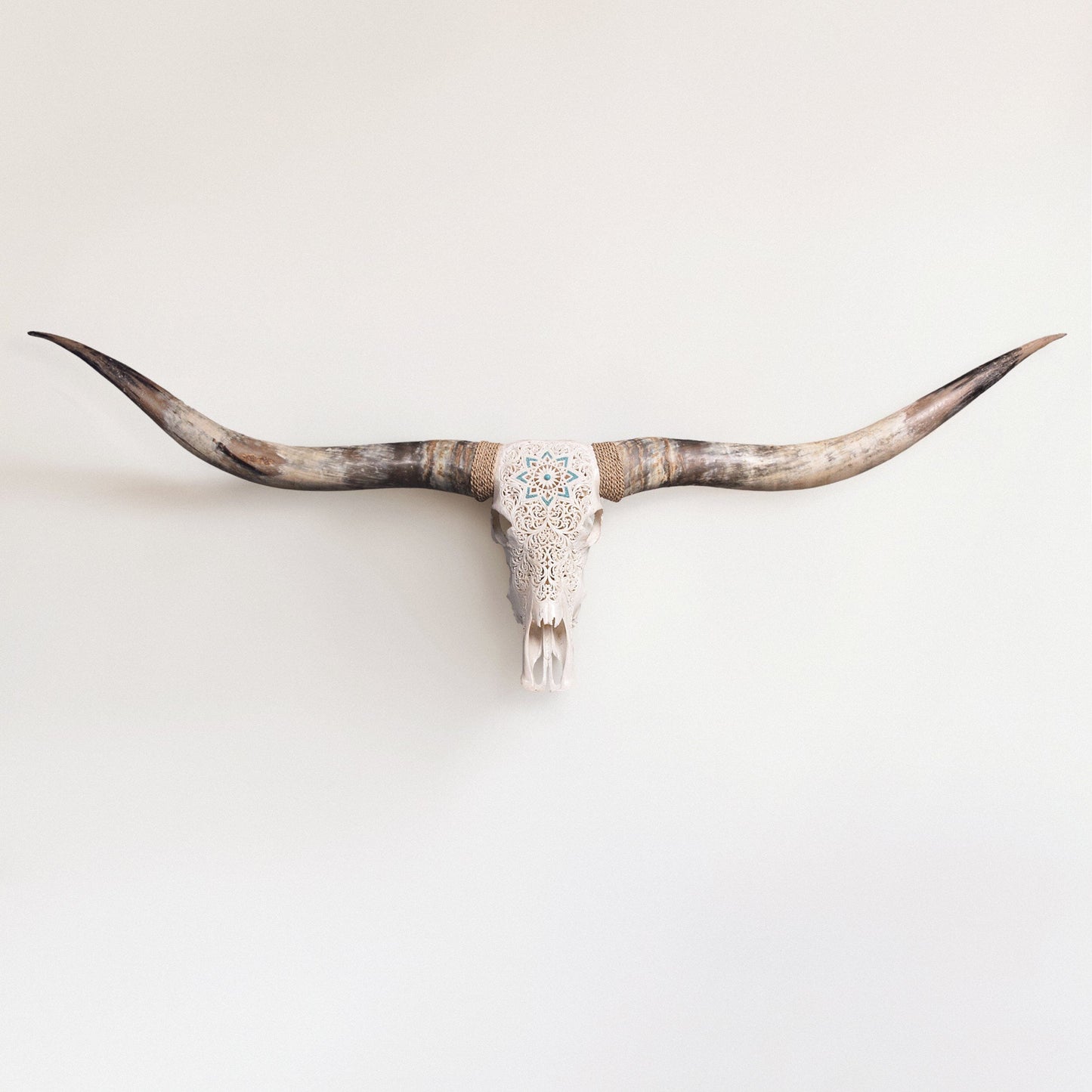 Hand Carved Longhorn Skull // XL Horns - White Glowing Mandala