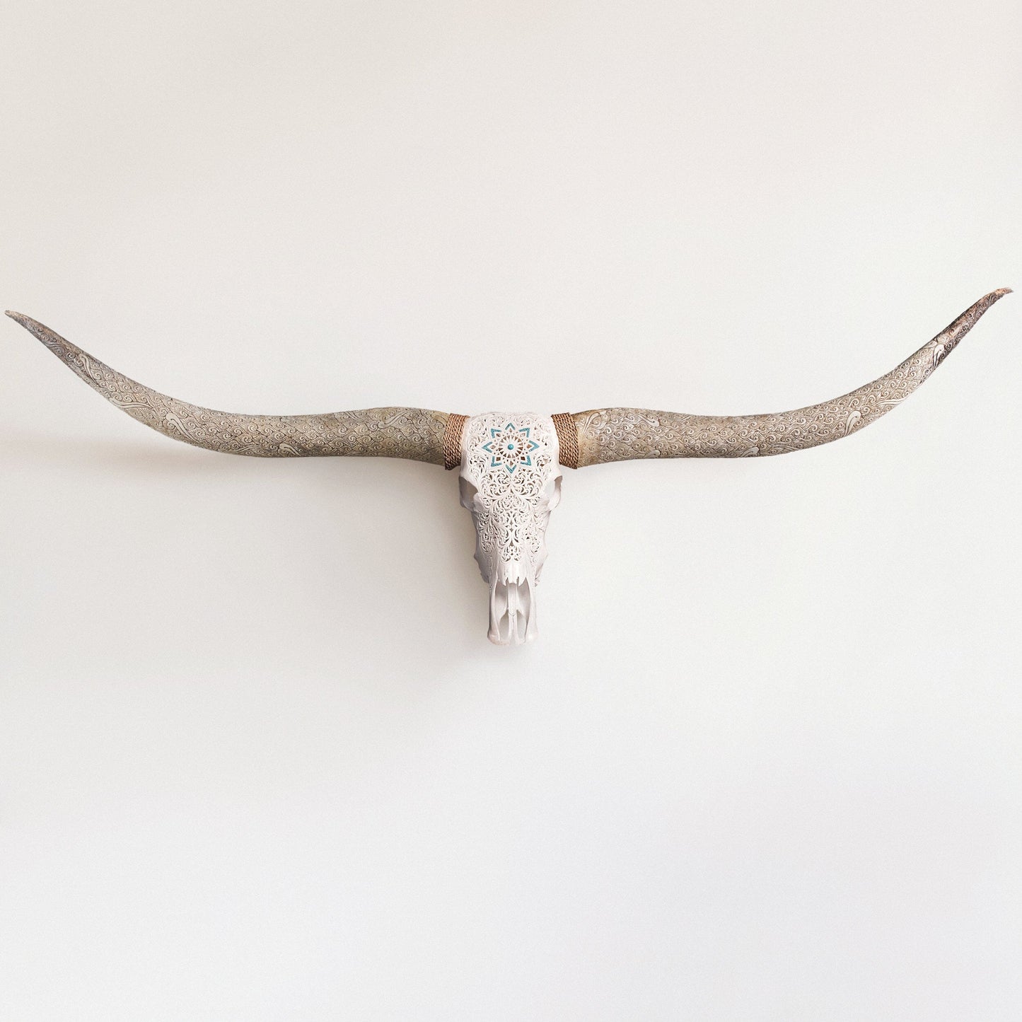 Hand Carved Longhorn Skull // XL Horns - White Glowing Mandala