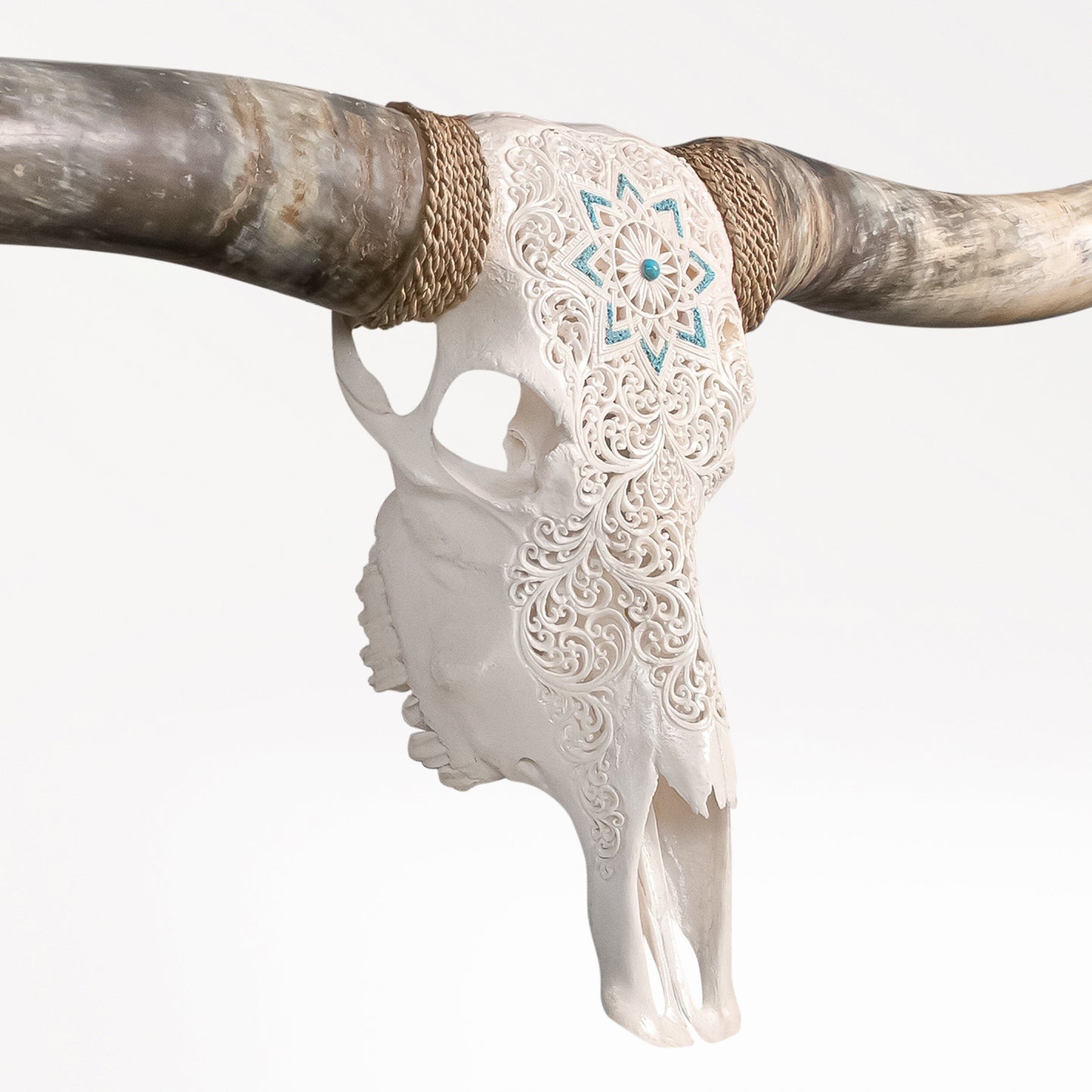 Hand Carved Longhorn Skull // XL Horns - White Glowing Mandala