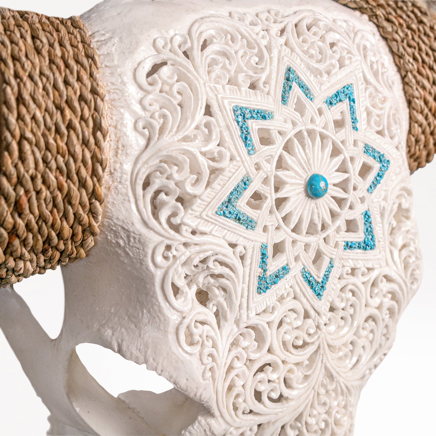 Hand Carved Longhorn Skull // XL Horns - White Glowing Mandala