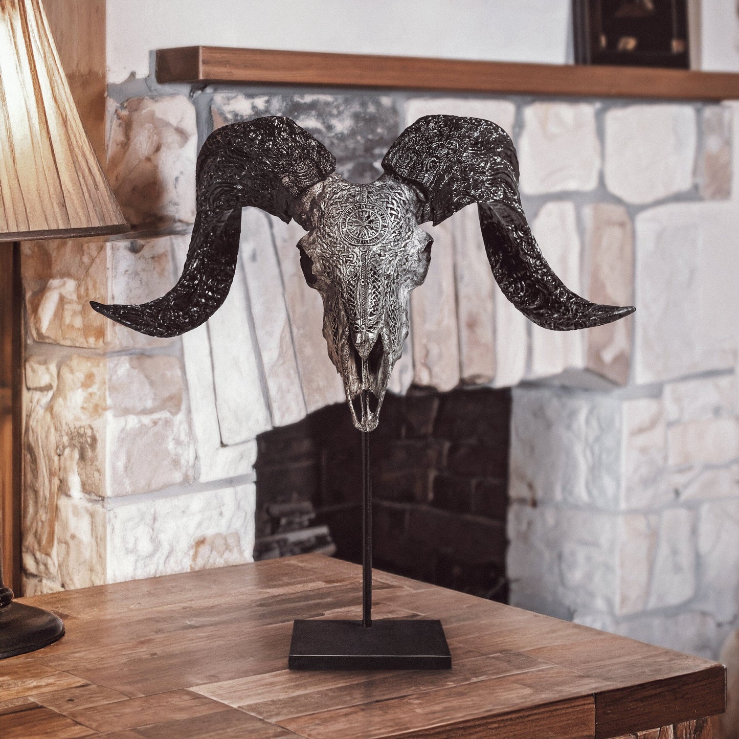 Hand Carved Ram Skull - Gray Vegvísir