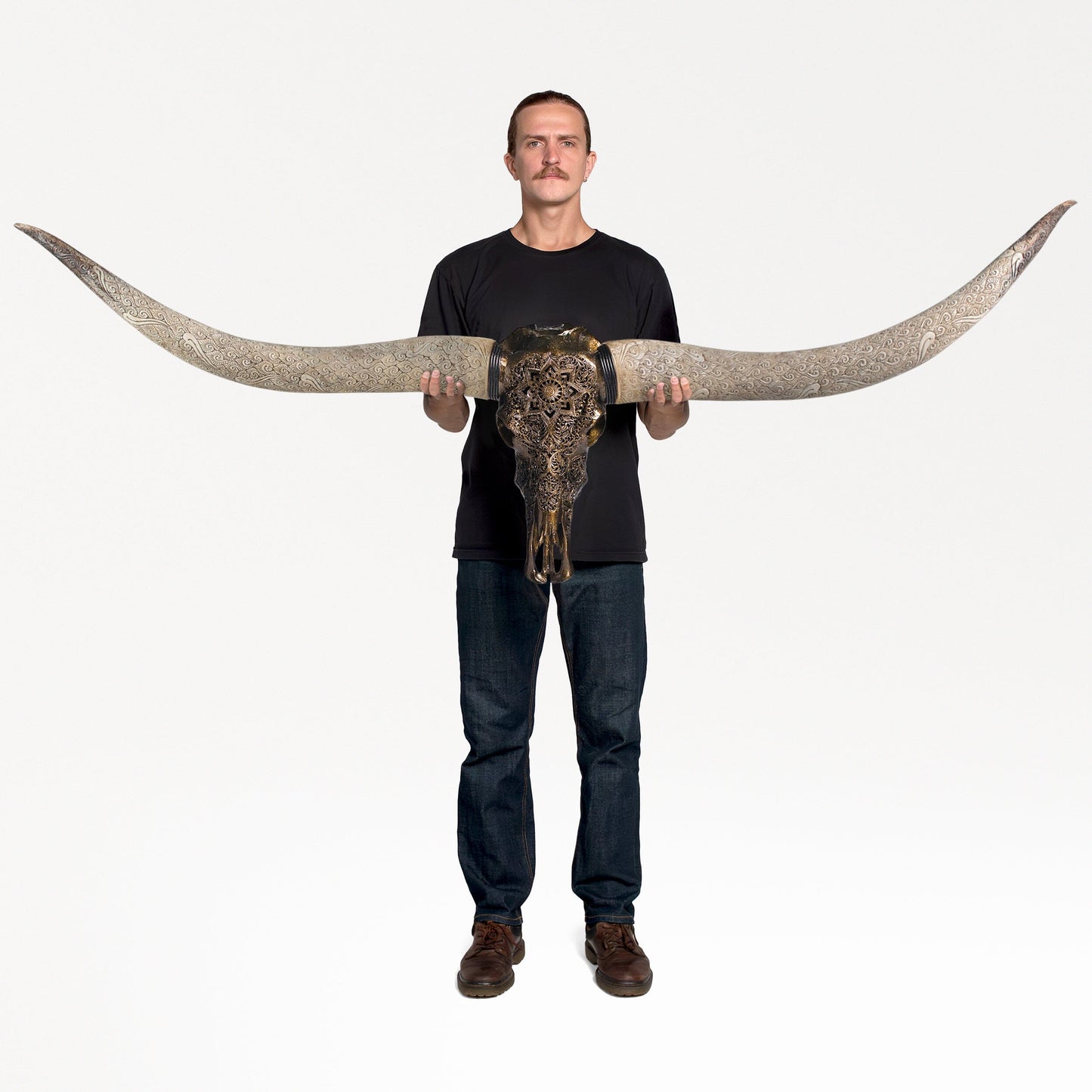 Hand Carved Longhorn Skull // XL Horns - Antique Bronze Mandala // Metallic Finish