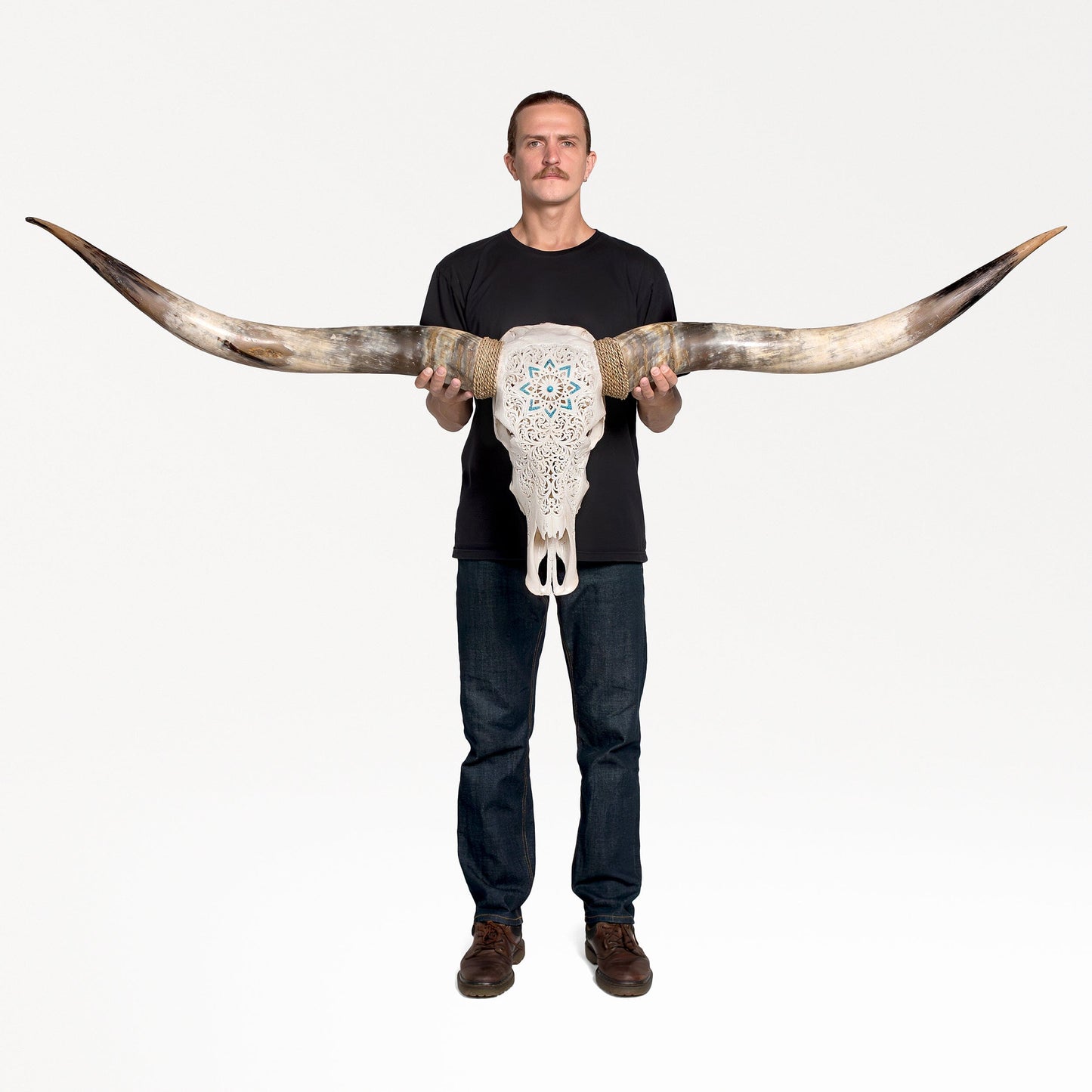 Hand Carved Longhorn Skull // XL Horns - White Glowing Mandala