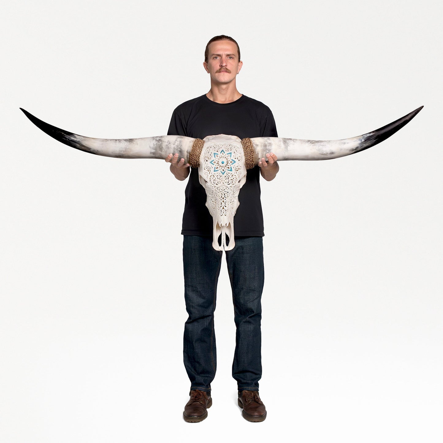Hand Carved Longhorn Skull - White Glowing Mandala