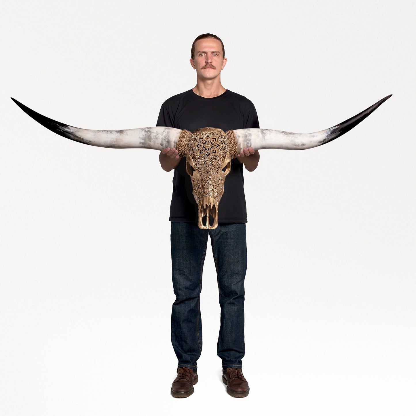 Hand Carved Longhorn Skull - Golden Mandala