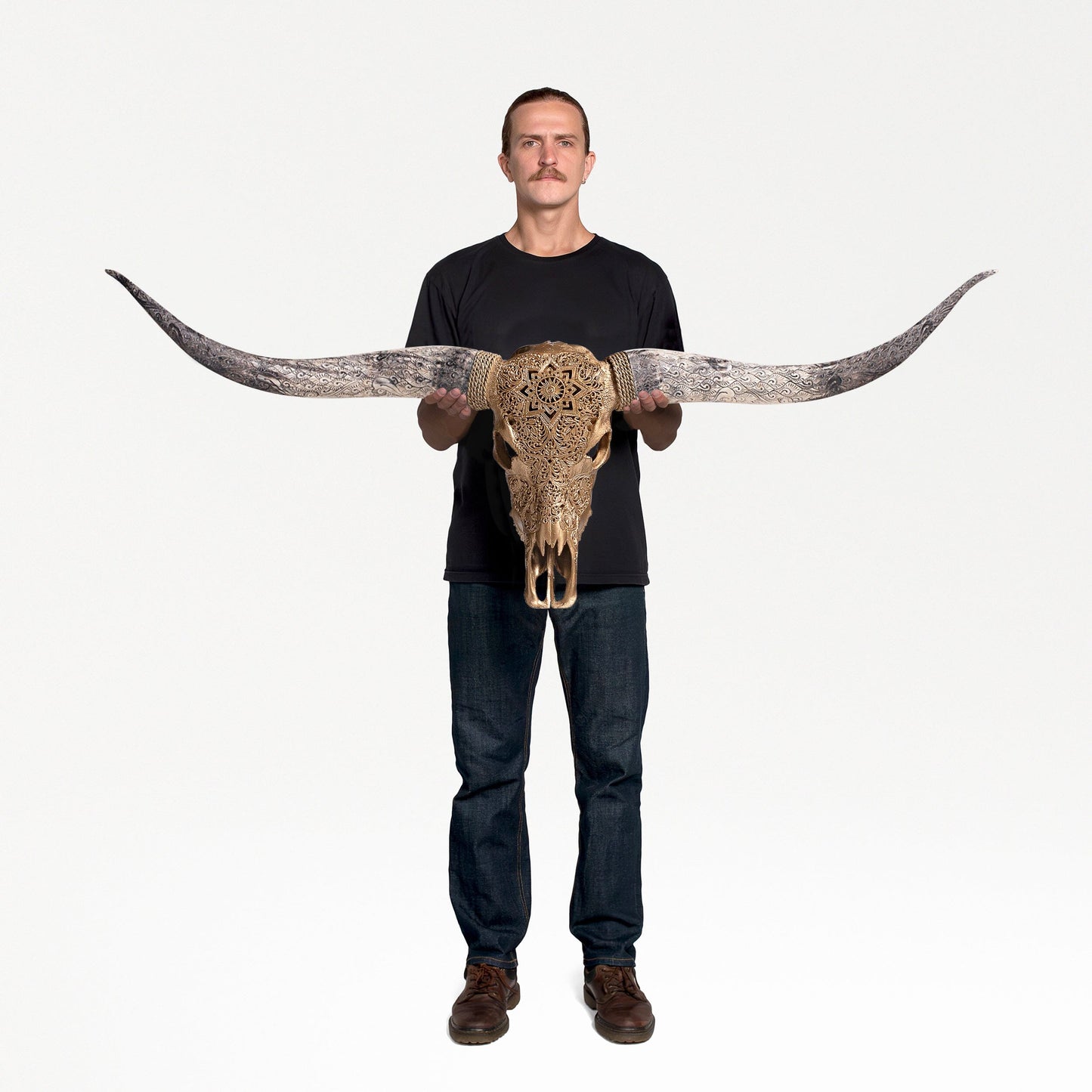 Hand Carved Longhorn Skull - Golden Mandala