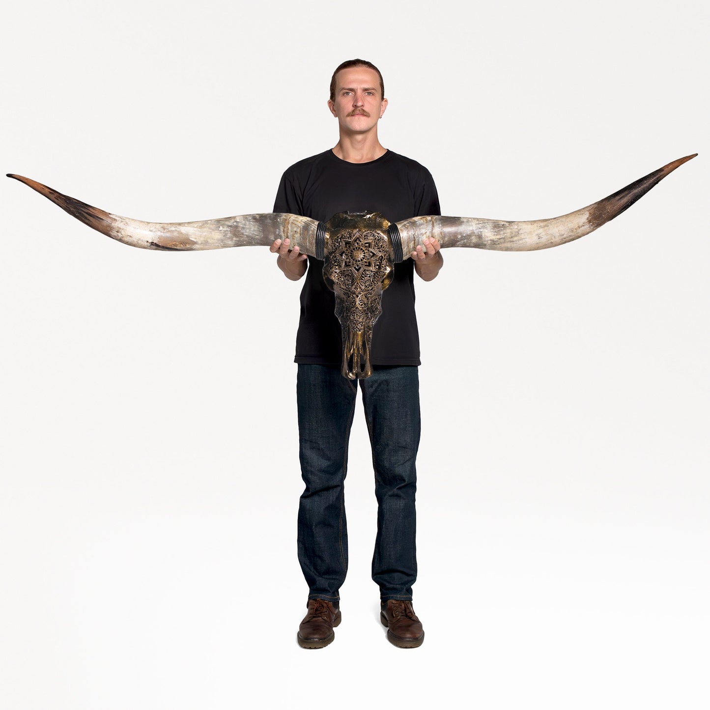 Hand Carved Longhorn Skull // XL Horns - Antique Bronze Mandala // Metallic Finish