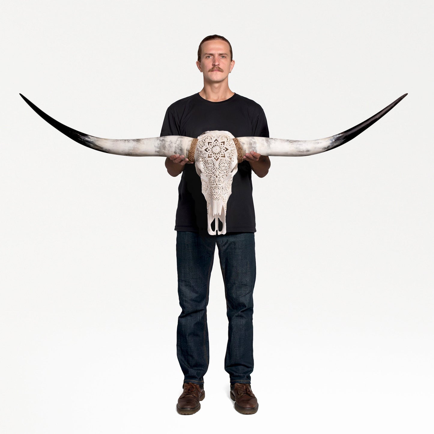 Hand Carved Longhorn Skull - White Mandala