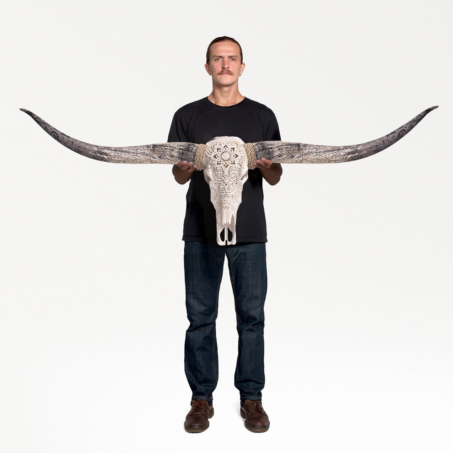Hand Carved Longhorn Skull - White Mandala