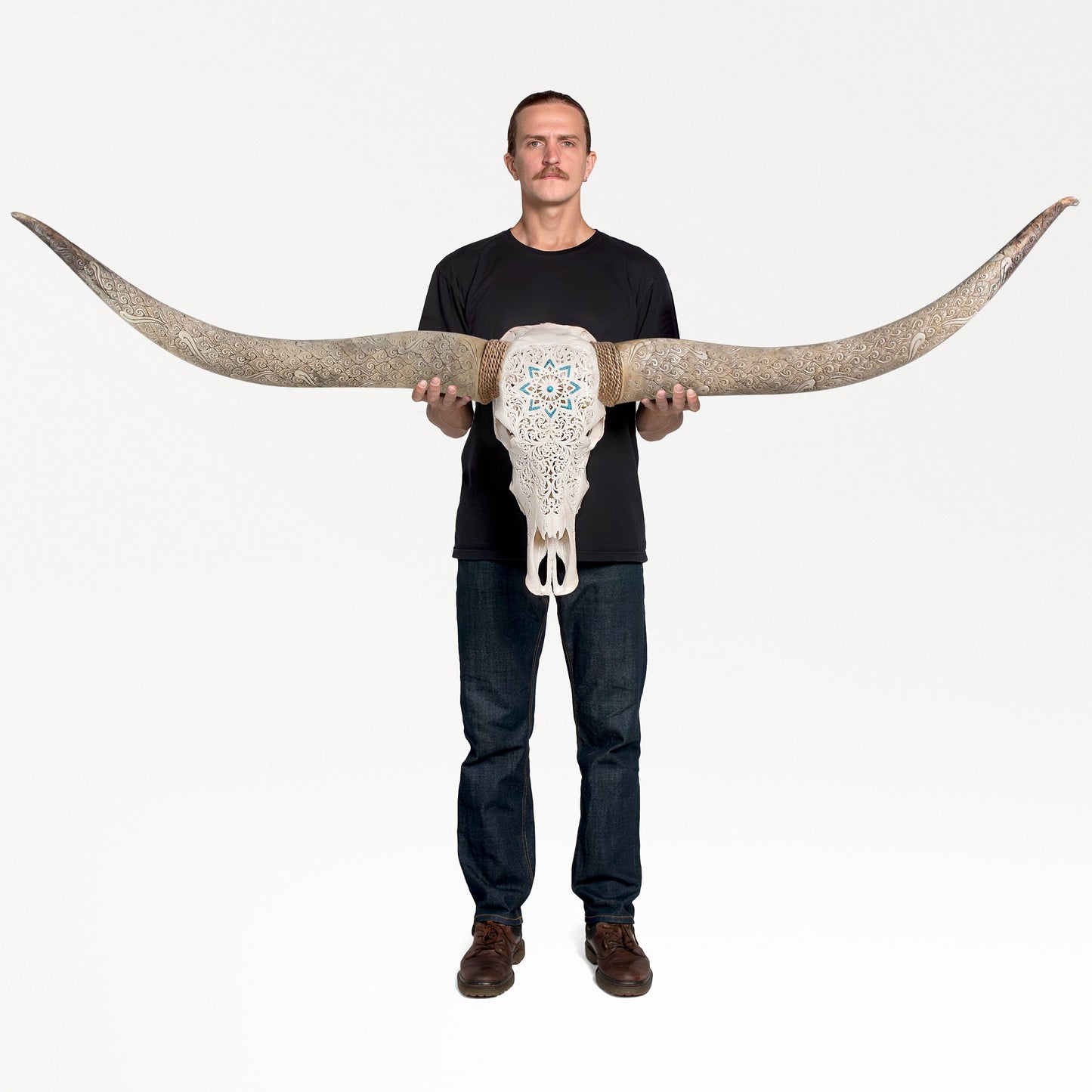 Hand Carved Longhorn Skull // XL Horns - White Glowing Mandala