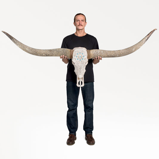 Hand Carved Longhorn Skull // XL Horns - White Glowing Mandala